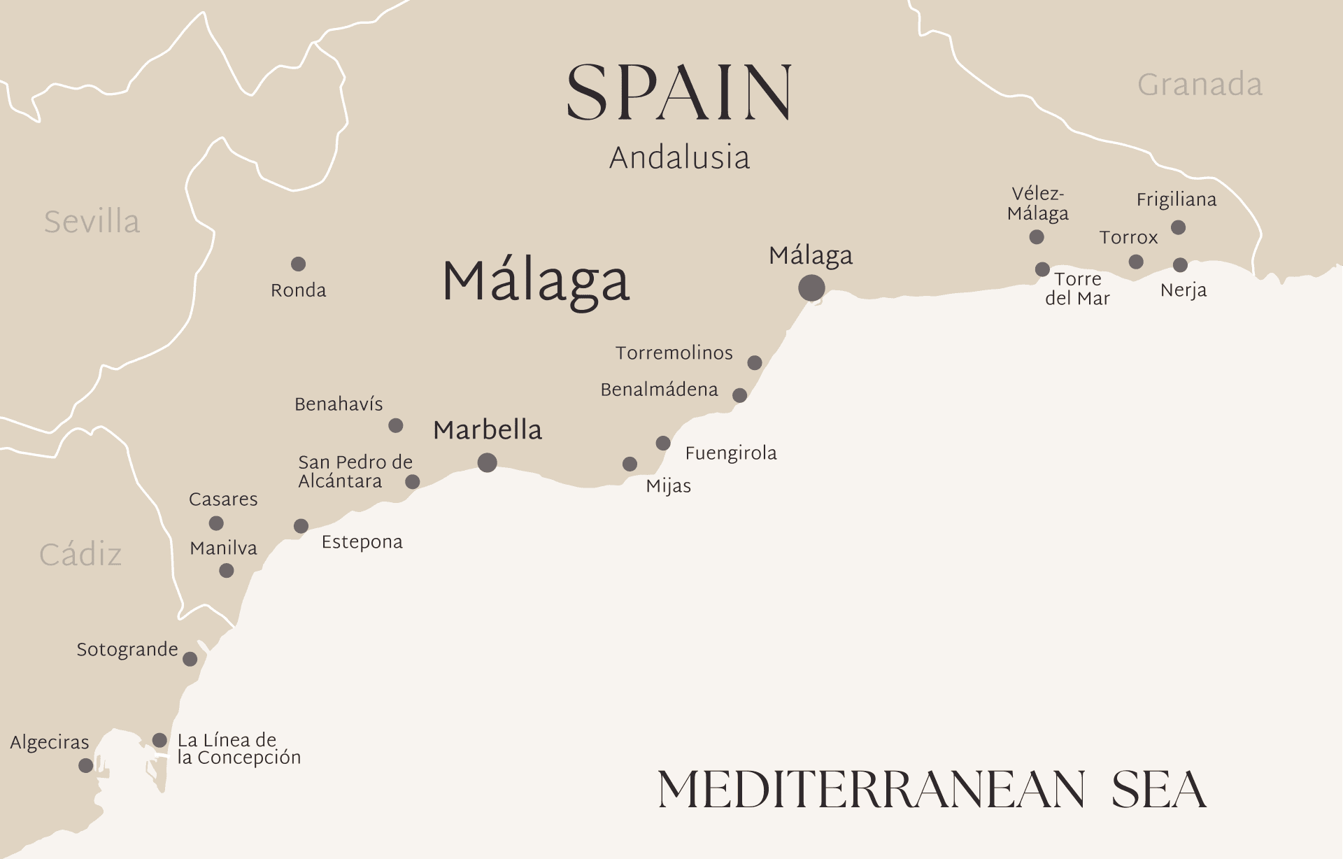 Map of the Costa del Sol from Sotogrande to Nerja, with Marbella, Estepona, Benahavís, Mijas, Fuengirola and Málaga marked