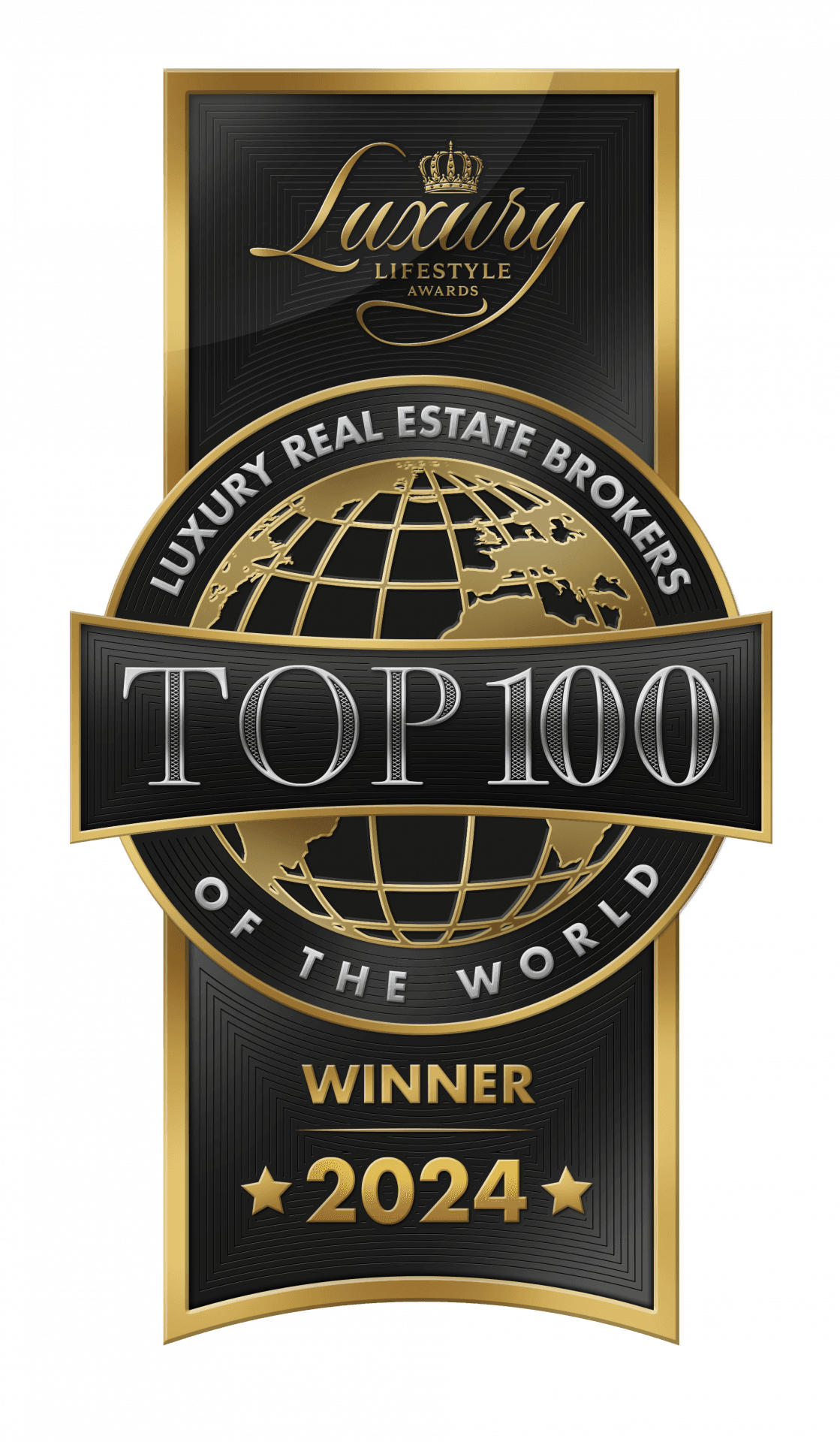 The Luxury Lifestyle Awards Top 100 Real Estate Brokers 2024 winner emblem.
