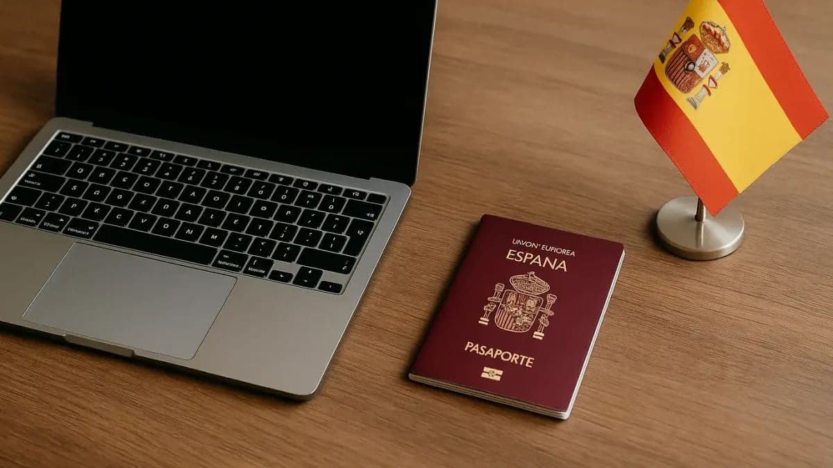 laptop and Spanish passport on desk